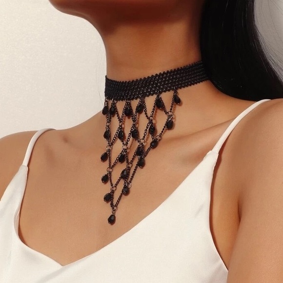 Black Beaded Chain Choker Necklace Gothic Style Bead Chains Layer - Picture 3 of 4